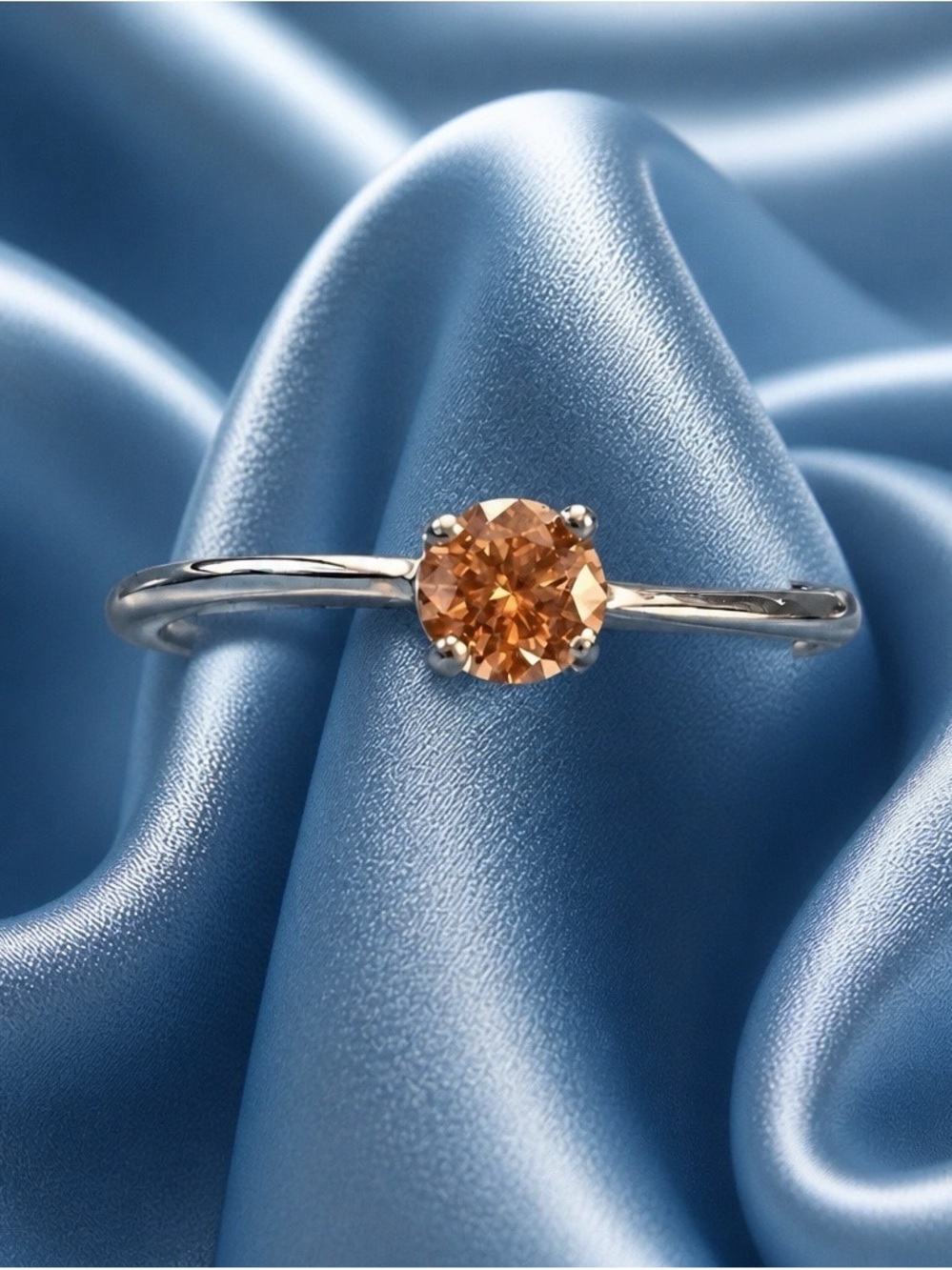 AAA Champagne 5Moissanite D-color VVSI solitaire in wave band. Rhodium over S925